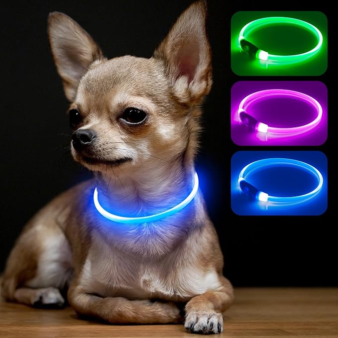 BSEEN Light Up Dog Collar, High Visibility LED Dog Collar Rechargeable- Rainproof TPU Cuttable Glowing Pet Collar for Small Dogs &amp; Cats - Puppy Safety Lights for Night Walking (XS- Blue 40cm)