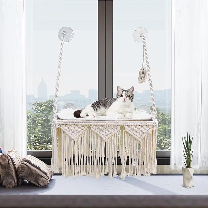 Cat Window Perch Macrame Cat Hammock Boho Wall Mounted Pet Resting Seat Bed for Sunbathing, Napping &amp; Overlooking with 4 Seat Suction Cups &amp; Fleece Blanket &amp; Knitted Ball Toy - Weighted up to 35lbs.