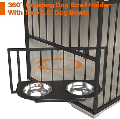 86.6inch Dog Crate Furniture with Storage,Furniture Style TV Stand Dog Kennel for 2 Dogs,with 6 Drawers,Removable Divider&amp;Adjustable Bowls,Heavy Duty Metal Chew-Resistant Dog Crate Furniture