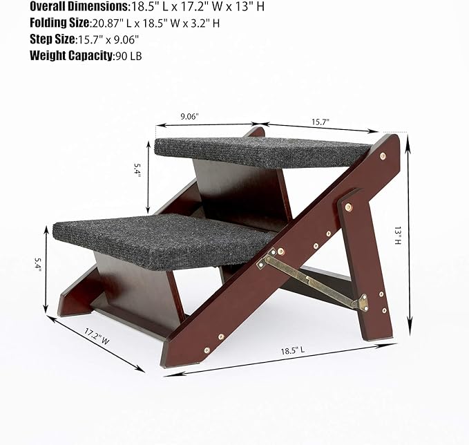 MEWANG Wooden Pet Stairs/Pet Steps - 2-in-1 Foldable Stairs &amp; Ramp for Beds and Cars - Portable Dog/Cat Ladder Up to 110 Pounds