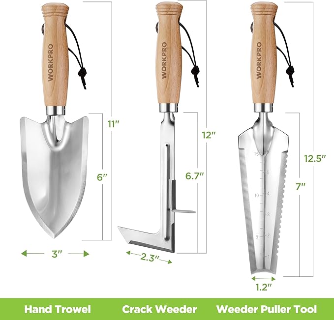 WORKPRO Garden Tool Set, 3 Pcs Gardening Hand Tools with Wood Handle, Weed Puller, Crack Weeder, Hand Trowel, for Planting, Digging, Weeding, Ideal Gardening for Women &amp; Men