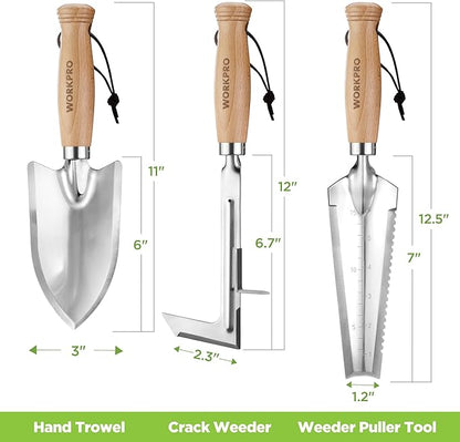 WORKPRO Garden Tool Set, 3 Pcs Gardening Hand Tools with Wood Handle, Weed Puller, Crack Weeder, Hand Trowel, for Planting, Digging, Weeding, Ideal Gardening for Women &amp; Men