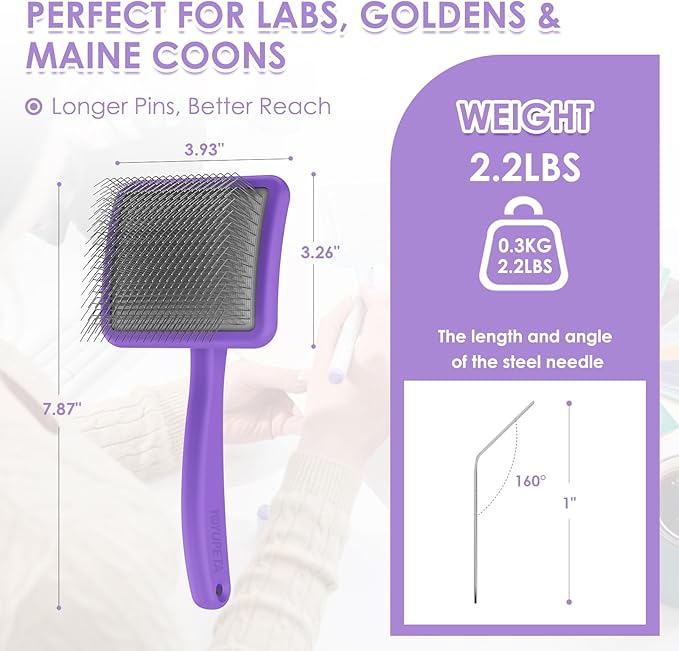 Large Slicker Brush for Dogs - 3PC Pet Grooming Kit - Undercoat Rake &amp; Stainless Comb | Long Pins Remove Mats on Poodles, Golden, Labradoodles | Thick Coat Deshedder for Dogs, Cats, Purple