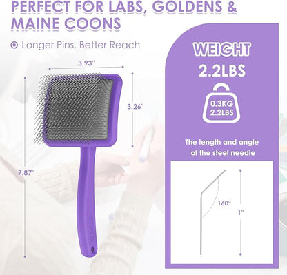 Large Slicker Brush for Dogs - 3PC Pet Grooming Kit - Undercoat Rake &amp; Stainless Comb | Long Pins Remove Mats on Poodles, Golden, Labradoodles | Thick Coat Deshedder for Dogs, Cats, Purple