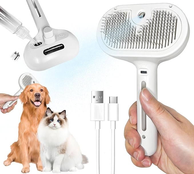 Cat Steam Brush, 3 in 1 Cat Brush for Shedding &amp; Grooming, Water Brush for Cats Dogs, Pet Hair Removal Comb for Long Short Haired Small Animal, Self Cleaning Slicker Brush with Release Button
