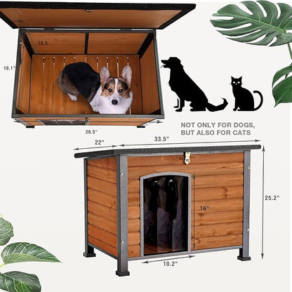 Wooden Dog House Outdoor with Iron Frame, Weatherproof Dog Kennel with Removable Floor, Anti Bite Puppy Shelter with Openable Roof (Brown, 33.5&