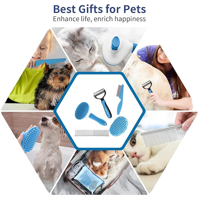 5 in 1 Dog Grooming Kit - Self-Cleaning Slicker Brush for Shedding Short Long Haired Dogs &amp; Cats, Includes Pet Comb, Flea Comb, Bath Brush, Undercoat Rake - Complete Fur Care Set - Blue