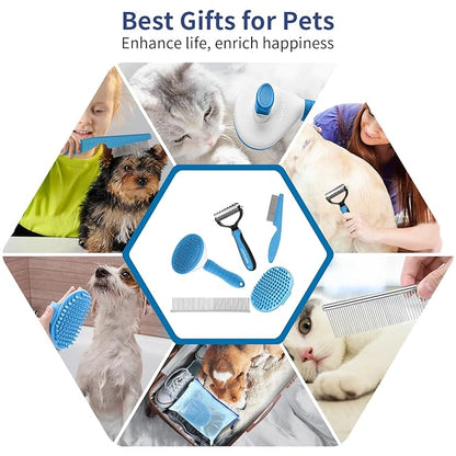 5 in 1 Dog Grooming Kit - Self-Cleaning Slicker Brush for Shedding Short Long Haired Dogs &amp; Cats, Includes Pet Comb, Flea Comb, Bath Brush, Undercoat Rake - Complete Fur Care Set - Blue