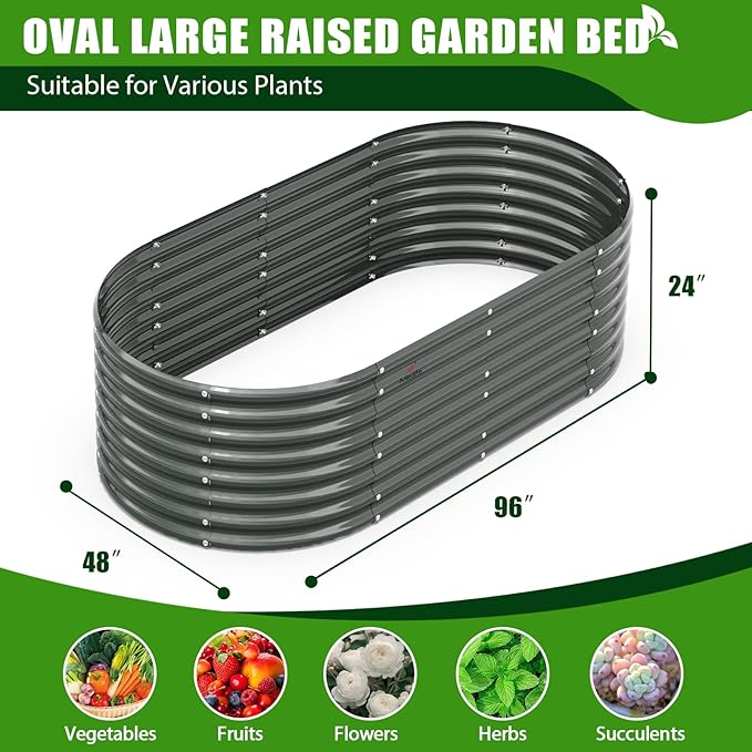 A ANLEOLIFE 8X4X2 ft Galvanized Raised Garden Beds Outdoor, Oval Large Metal Deep Root Planter Box for Planting Vegetables Flowers Herb, Anti-Rust &amp; Easy-Setup, Quartz Grey