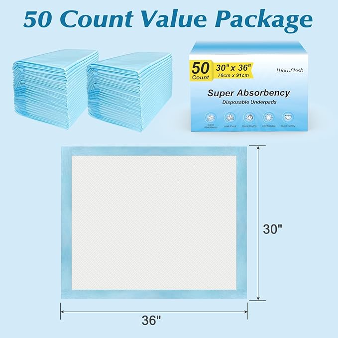 50 Count 30” x 36” Super Absorbency Disposable Underpads, Leakproof Quick Drying, Baby Puppy &amp; Adults Bed Pads Disposable Adults, Dog Pee Pads Extra Large, XXL Incontinence Pads