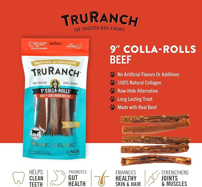 Collagen Rolls - 9" Collagen Rolls for Dogs - Long Lasting Healthy Joint Support Dog Treat - Rawhide Alternative - Skin &amp; Coat Health - Made with Real Beef, 1 Bag, 3 Count