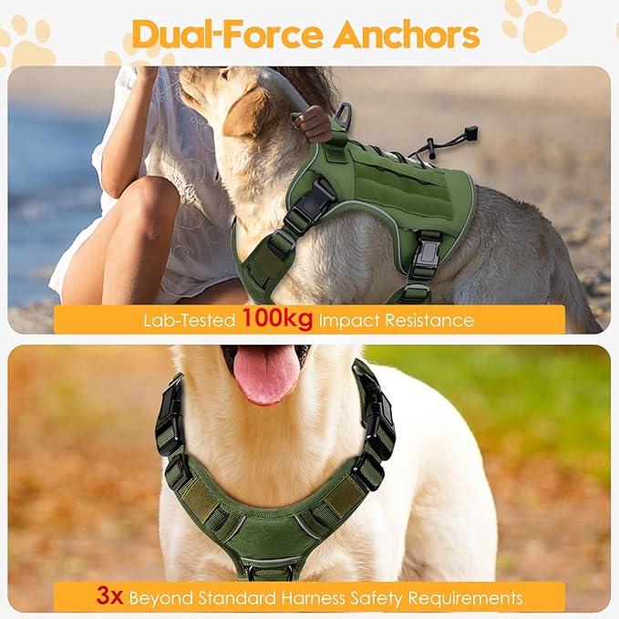 Heavy-Duty Tactical Dog Harness for Large Dogs, No Pull Adjustable Reflective Pet Vest with Molle System, K9 Military-Grade Control for Service Training, Outdoor &amp; 10+ Breeds, Green, XX-Large