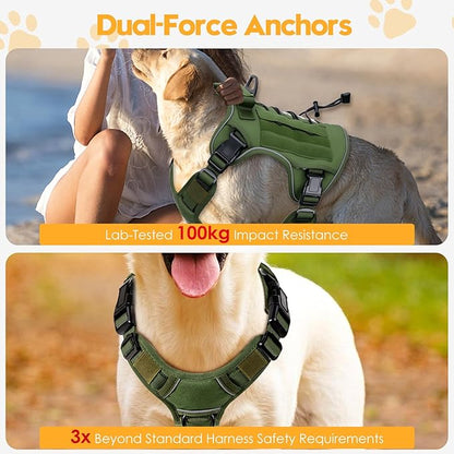 Heavy-Duty Tactical Dog Harness for Large Dogs, No Pull Adjustable Reflective Pet Vest with Molle System, K9 Military-Grade Control for Service Training, Outdoor &amp; 10+ Breeds, Green, XX-Large