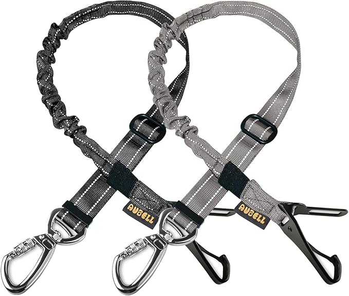 AUBELL Dog Seat Belt for Car,2 Pack Set 3-in-1 Adjustable Reflective Bungee Heavy Duty Dog Car Harness Tether with Clip Hook Latch &amp; Buckle,Swivel Zinc Alloy Carabiner,Black+Grey