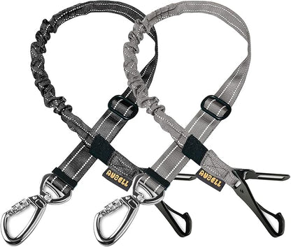 AUBELL Dog Seat Belt for Car,2 Pack Set 3-in-1 Adjustable Reflective Bungee Heavy Duty Dog Car Harness Tether with Clip Hook Latch &amp; Buckle,Swivel Zinc Alloy Carabiner,Black+Grey