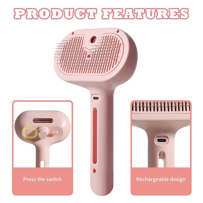 3-in-1 Steam Brush for Cats &amp; Dogs – Hair Removal Comb with One-Click Release &amp; Water Spray – Grooming Brush for Shedding, Long/Short Hair