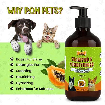 POM Pets 2-in-1 Organic Dog Shampoo &amp; Conditioner – Itchy Skin Relief, Dog Deshedding, Detangles Fur, Cat Shampoo, Paw Cleaner for Dogs, Natural Coat Defense Formula