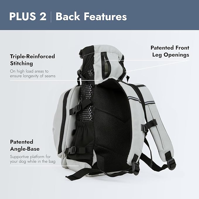K9 Sport Sack Plus 2 - Small, Light Grey - Ideal for Dogs 13-16” Long - Adjustable, Backpack-Style Carrier with Multi-Functional Storage Pack, Thick Shoulder Straps &amp; Padded Back Panel