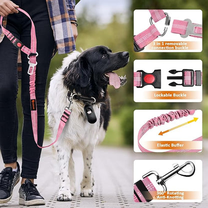 Removable Dog Seat Belt Harness for Car, 3 in 1 Pet Dog Car Seatbelt Leash, Retractable Restraint Secures to Vehicle Headrest &amp; Adjustable Reflective Bungee Dog Seatbelt Tether, Pink and Black