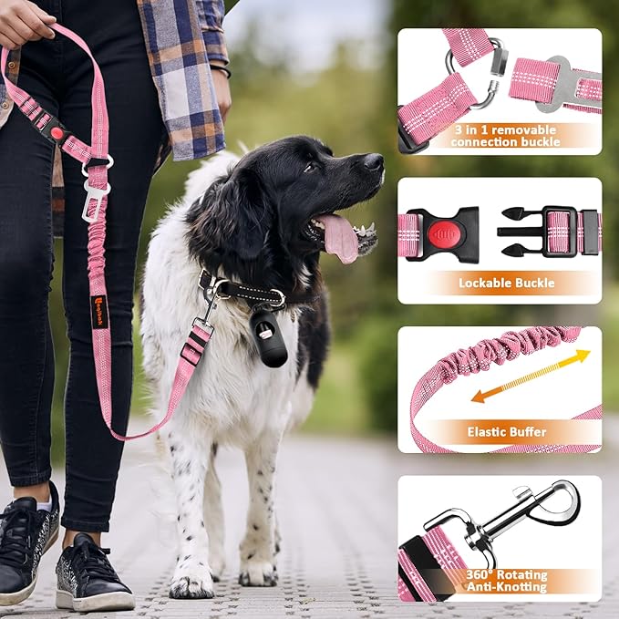 Removable Dog Seat Belt Harness for Car, 3 in 1 Pet Dog Car Seatbelt Leash, Retractable Restraint Secures to Vehicle Headrest &amp; Adjustable Reflective Bungee Dog Seatbelt Tether, Pink