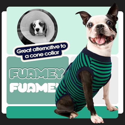FUAMEY Recovery Suit for Dogs After Surgery,Soft Breathable Dog Bodysuit E-Collar &amp; Cone Alternative Surgical Suit,Male Female Dog Neuter Spay Suits Anti Licking Wounds Onesie Green Black Stripes XL