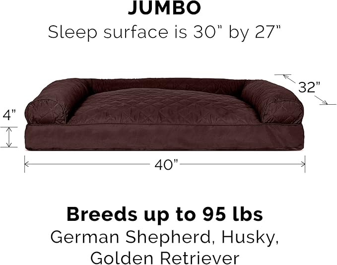 Furhaven Pillow Dog Bed for Large Dogs w/ Removable Bolsters &amp; Washable Cover - Quilted Sofa - Coffee, Jumbo/XL