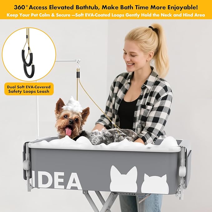 PAWZIDEA 2-in-1 Portable Dog Bathtub &amp; Grooming Table, 33" Foldable Pet Washing Station for Small Medium Dogs Cats, Elevated Tubs for Bathing Shower Indoor Outdoor, 5 Height Adjustable, Storage Pocket