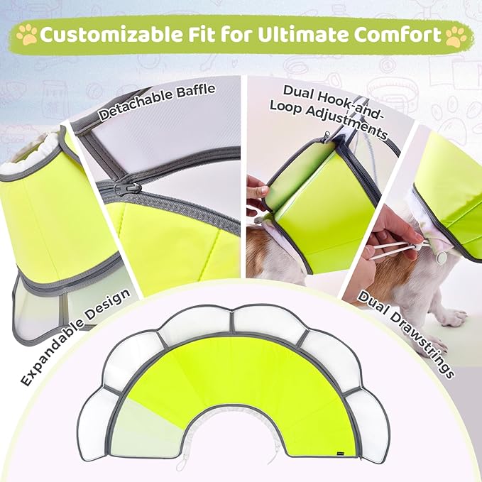 Soft Dog Cone Collar After Surgery Recovery,Adjustable E-Collar with Removable Shield,Lightweight,Breathable Anti-Licking Protective Cone for Large,Medium,Small Pets (Neon Green, L (Neck:15.5&