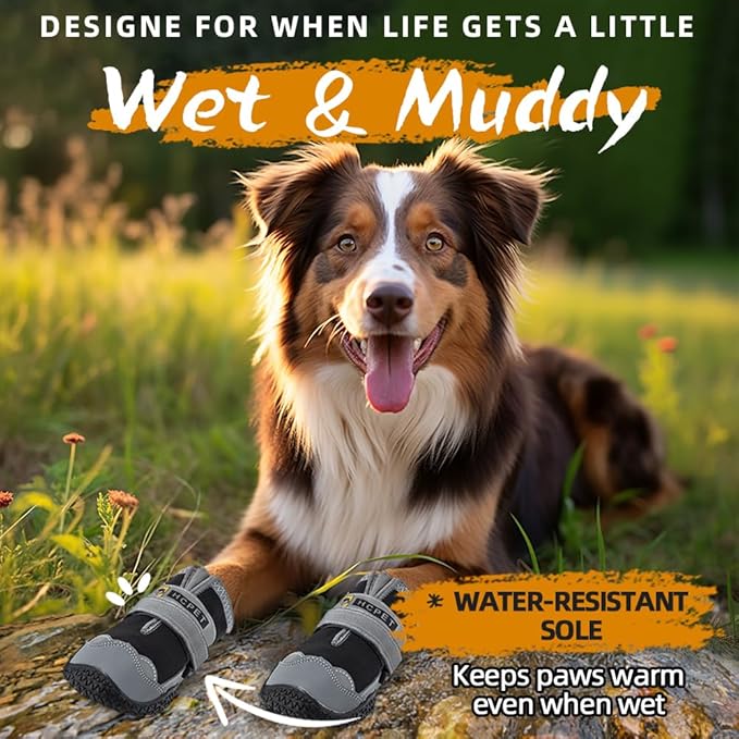 Hcpet Dog Shoes for Large Dogs, Waterproof Dog Booties for Small Medium Dogs, Anti-Slip Dog Boots &amp; Paw Protectors for Hot Pavement Winter Snow Hiking with Reflective Straps Black Size 7