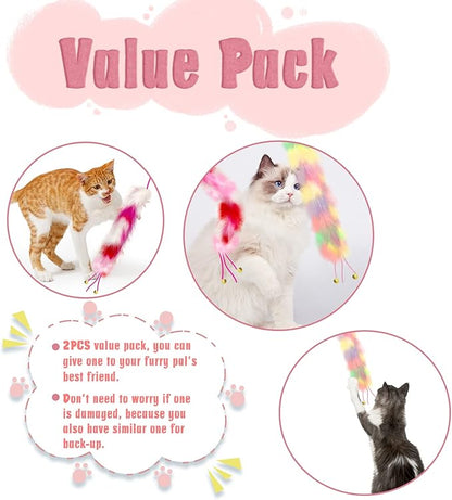 2 Pack Cat Wand Toy, Rainbow Cat Feather Toys with Bells, Teaser Wand with Soft Furry Tail, Interactive Toys for Indoor Cats &amp; Kitten &amp; Kitty