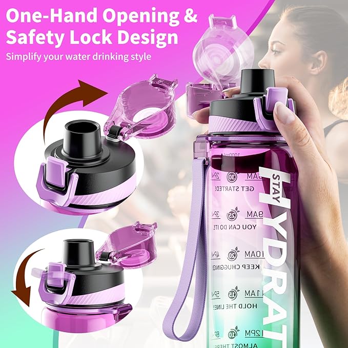 Water Bottle, 32 oz Motivational Water Bottles with Time Marker-Tritan &amp; BPA Free, Sports Water Bottle with Time to Drink &amp; Strap, Wide Mouth, Leakproof -Gift for Christmas Gym Fitness &amp; Outdoor