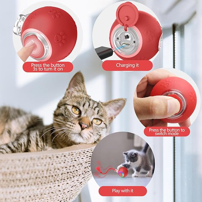 Interactive Cat Toys, Automatic Moving Cat Toys for Bored Indoor Adult Cats, Fast Rolling, Chirping &amp; Motion-Activated Kitty Toys, Fun Gift for Cats with Speedy Tail 2.0, USB Rechargeable,Red