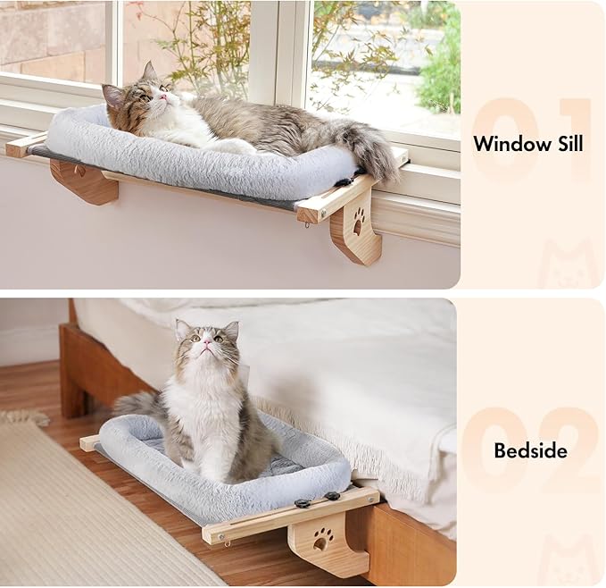 AMOSIJOY Cat Sill Window Perch Sturdy Hammock Window Seat with Cushion Cover, Wood &amp; Metal Frame for Large Cats, Easy to Adjust Cat Bed for Windowsill, Bedside, Drawer and Cabinet (L)