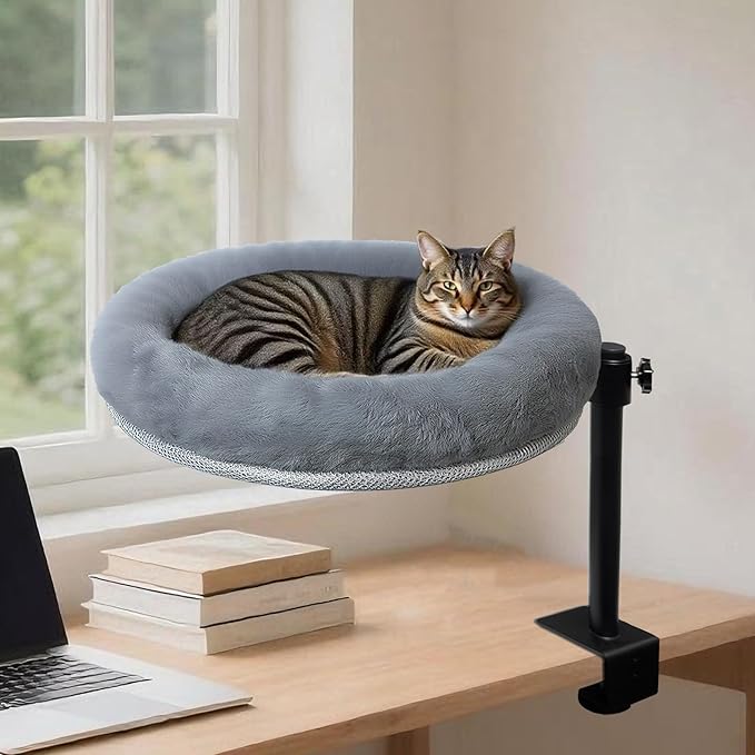 Cat Desk Bed with Summer Colling Mat, 360° Rotating &amp; Height Adjustable Indoor Cat Nest, Large Desktop Cats Perch for Home Offcice Space Saving, Supports Up to 40 lbs, Machine Washable Removable Cover