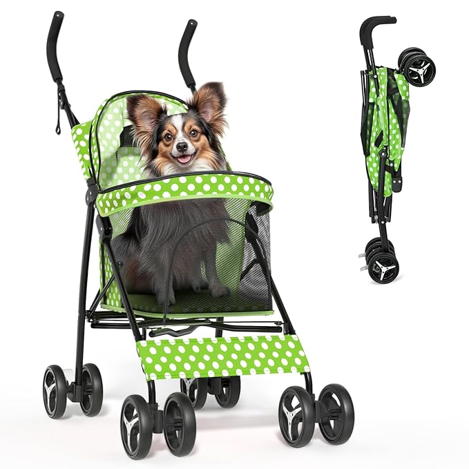 Magshion Compact Pet Stroller for Small-Medium Dogs/Cats up to 22lbs, 4-Wheel Lightweight Umbrella Shaped Portable Puppy Travel Jogger with Breathable Mesh &amp; Rear Storage, Lawn Green Polka Dots