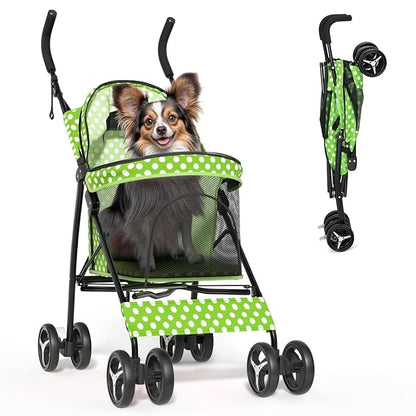 Magshion Compact Pet Stroller for Small-Medium Dogs/Cats up to 22lbs, 4-Wheel Lightweight Umbrella Shaped Portable Puppy Travel Jogger with Breathable Mesh &amp; Rear Storage, Lawn Green Polka Dots