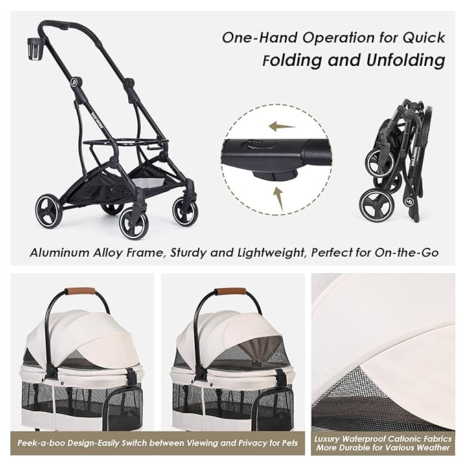 T3 Foldable Pet Stroller for Small Dogs &amp; Cats – 3-in-1 Lightweight Design, 180° Canopy &amp; Detachable Carrier (Beige)