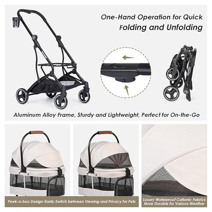 T3 Foldable Pet Stroller for Small Dogs &amp; Cats – 3-in-1 Lightweight Design, 180° Canopy &amp; Detachable Carrier (Beige)