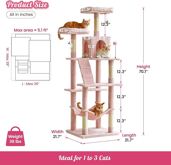 MWPO 70.1-Inch Pink Large Cat Tree, Multi-Level Tall Cat Tower for Indoor Cats, Plush Cat Condo with Big Padded Perches, Sisal-Covered Scratching Posts, Hammock, Toys for Kittens &amp; Cats