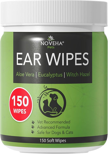 NOVEHA - Dog Ear Cleaner Wipes, Daily Ear Cleaner for Dogs &amp; Cats - Stop Ear Itching with Aloe, Eucalyptus &amp; Witch Hazel Ear Wipes for Dogs - for Odor Control, Dirt and Wax Removal, Unscented (150 Ct)