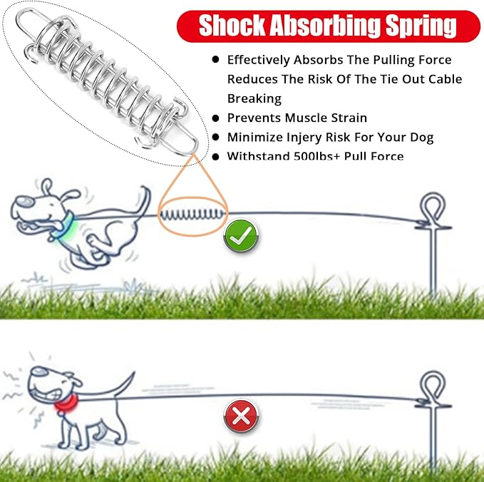 Jenico Dog Tie Out Cable, 10-150FT Runner Cable with Swivel Hook and Shock Spring, Yard &amp; Camping Dog Leash Tether for Small to Medium Pets Up to 500 LBS