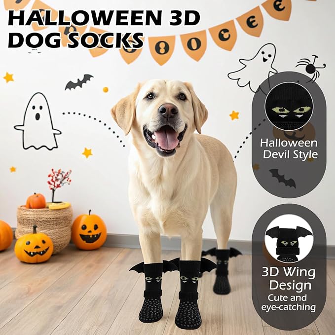 EXPAWLORER Halloween Anti Slip Dog Socks to Prevent Licking Paws, Boots &amp; Paw Protectors with Grippers,Doggie Booties for Hardwood Floors for Small Medium Large Senior Dogs Costume Black Devil Wings S