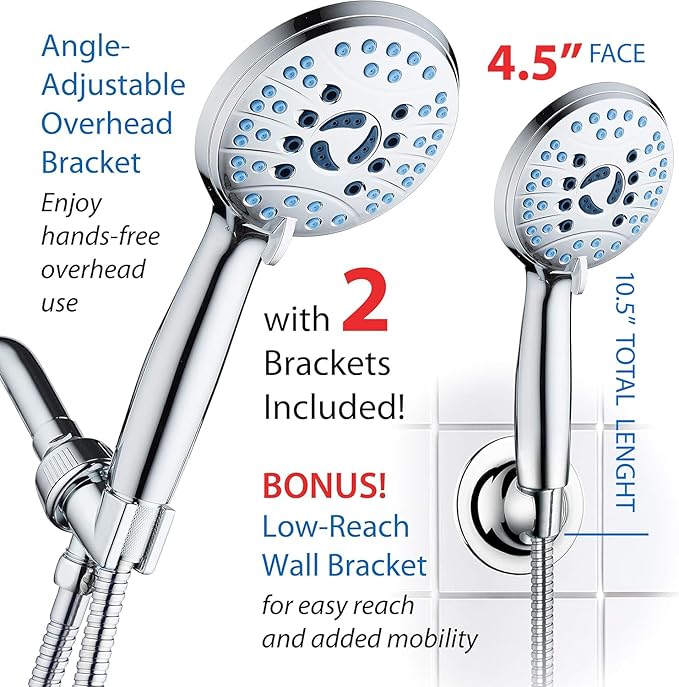 AquaCare High Pressure 8-mode Handheld Shower Head - Anti-clog Nozzles, Built-in Power Wash to Clean Tub, Tile &amp; Pets, Extra Long 6 ft. Stainless Steel Hose, Wall &amp; Overhead Brackets