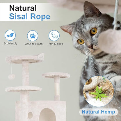 FDW Cat Tree 54in Cat Tower Multi-Level Durable Cat Scratching Post &amp; Cozy Fun Cat Jumping Platform Space Saving Cat Condo Pet Play House for Indoor Cats,Beige
