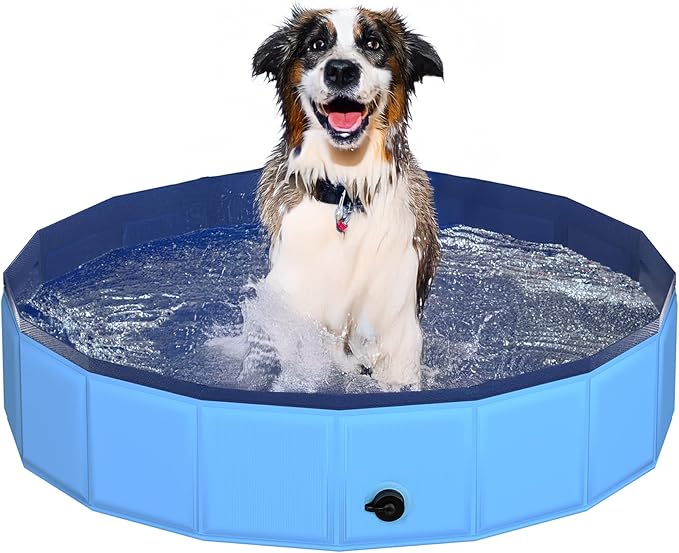 39.5" x 12" Foldable Dog Pool - Collapsible Hard Plastic Kiddie Pool for Dogs &amp; Kids, Non-Slip Pet Bath Tub for Outdoor Backyard Use, Lightweight &amp; Portable (Blue)