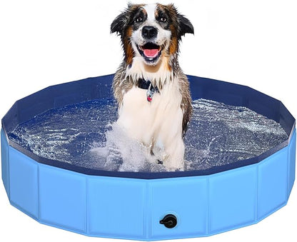 39.5" x 12" Foldable Dog Pool - Collapsible Hard Plastic Kiddie Pool for Dogs &amp; Kids, Non-Slip Pet Bath Tub for Outdoor Backyard Use, Lightweight &amp; Portable (Blue)