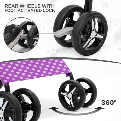 MoNiBloom 4 Wheels Pet Stroller, Easy-Fold Umbrella Shaped Dog Cat Jogger Stroller w/Storage Bag &amp; Visible Mesh for Small/Medium Dogs Cats Purple Polka Dots