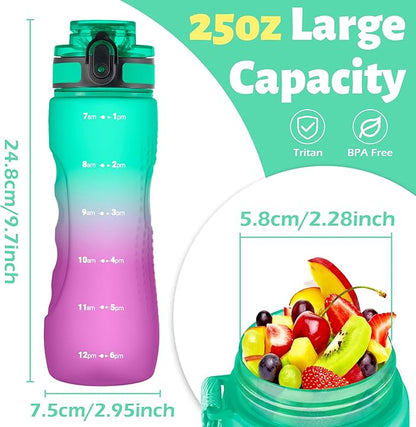 OLDLEY 25 oz Water Bottle, Motivational Water Bottle with Time Marker, Sports Water Bottle With Strap, Leakproof &amp; BPA Free Large Water Bottles for School, Gym, Travel, Outdoor, Tritan,Green&amp;Purple
