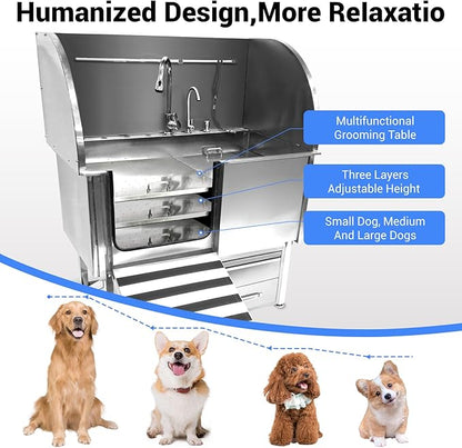 Professional Dog Grooming Tub, 62" Stainless Steel Dog Wash Station with Foldable Ramp, Storage Drawer, Floor Grate &amp; Faucet/Dog Bathtub for Large, Medium &amp; Small Pets - Left Door (62")