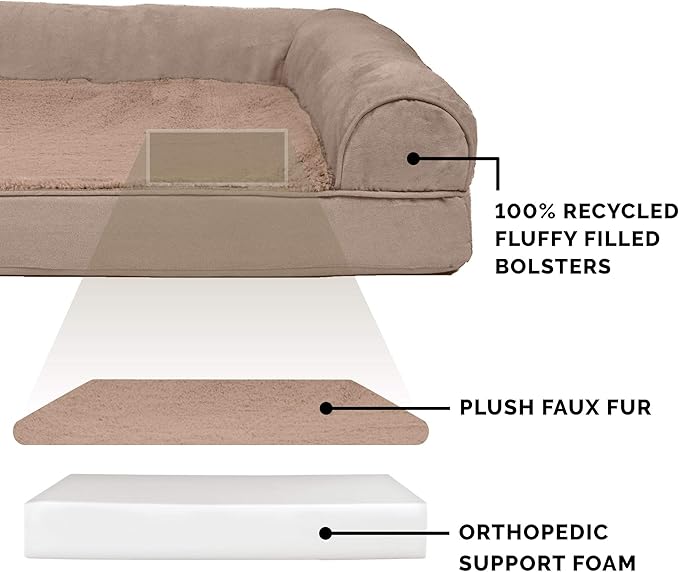Furhaven Orthopedic Dog Bed for Large Dogs w/ Removable Bolsters &amp; Washable Cover, For Dogs Up to 125 lbs - Plush &amp; Suede Sofa - Almondine, Jumbo Plus/XXL